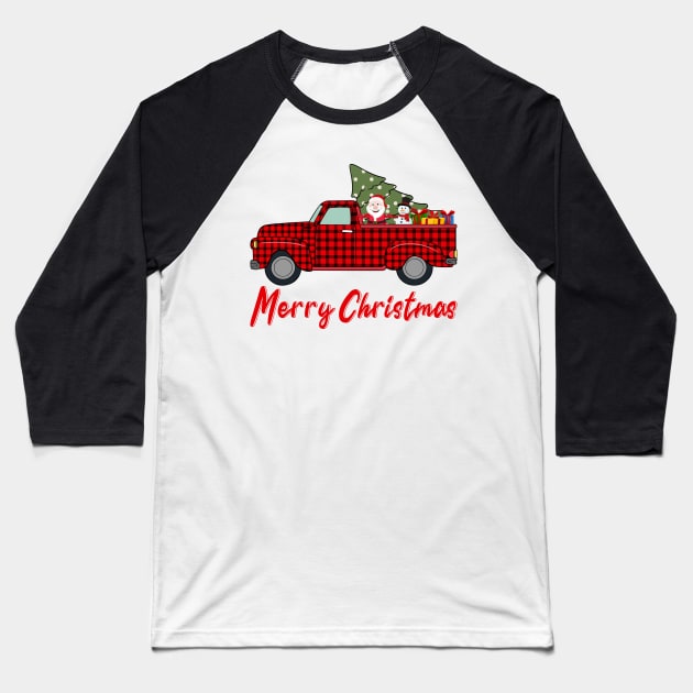 Merry Christmas Funny Buffalo Plaid Truck Baseball T-Shirt by DragonTees